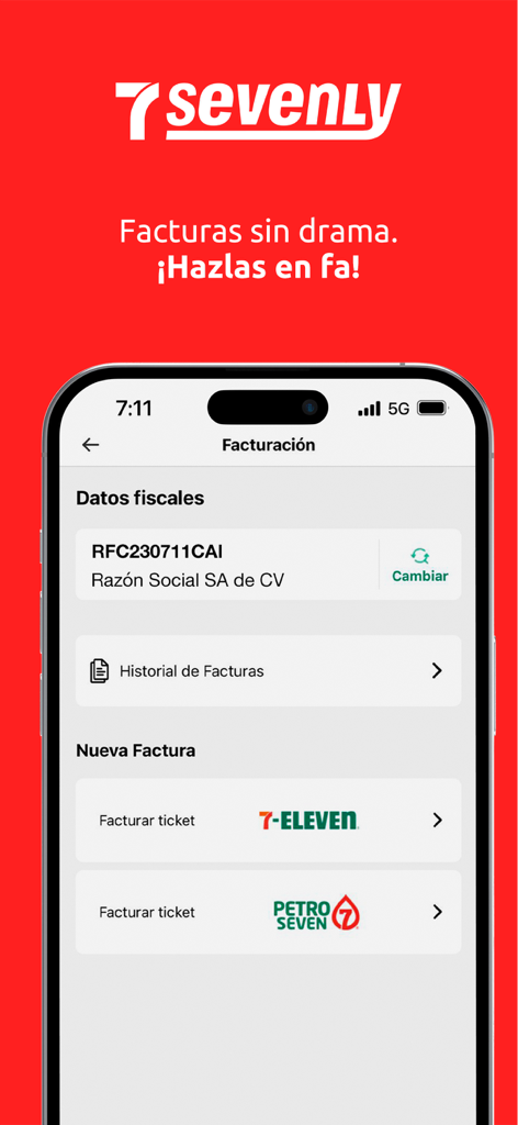 Sevenly app screen for managing 7-Eleven and Petro Seven tax invoices