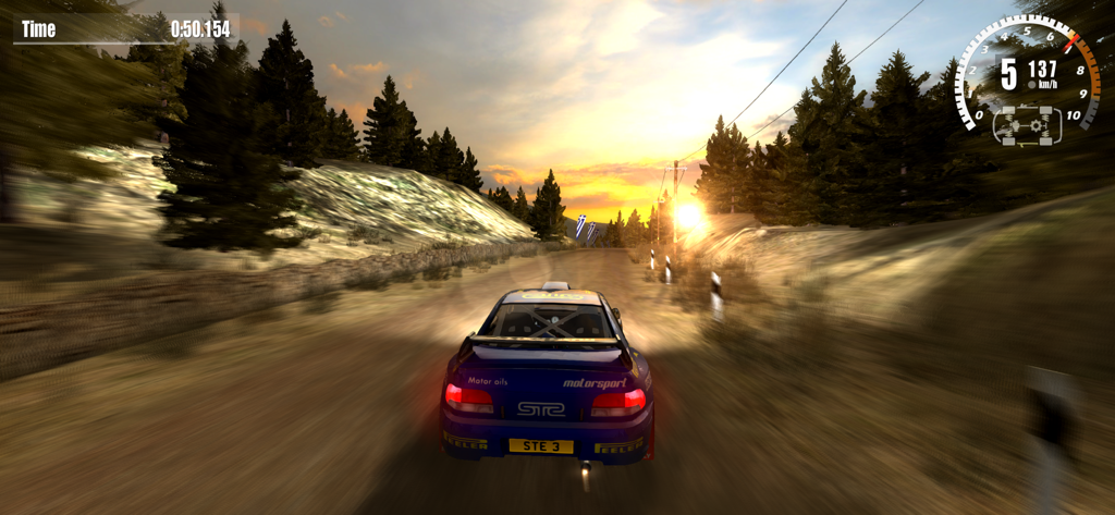 A blue rally car racing on a dirt track during a bright sunset with realistic physics in Rush Rally 3.