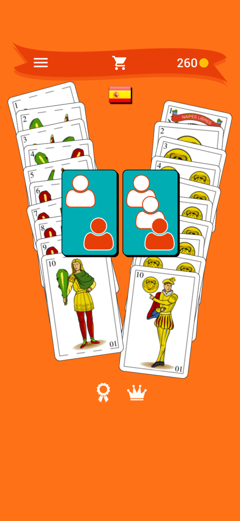 Sevens: card game - Sevens card game menu screen with traditional Spanish playing cards