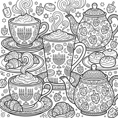 Get into the Hanukkah spirit with this delightful coloring page featuring an array of warm coffee and tea beverages, complete with festive decorations. Discover beautifully detailed cups, teapots, and treats adorned with traditional Hanukkah symbols.