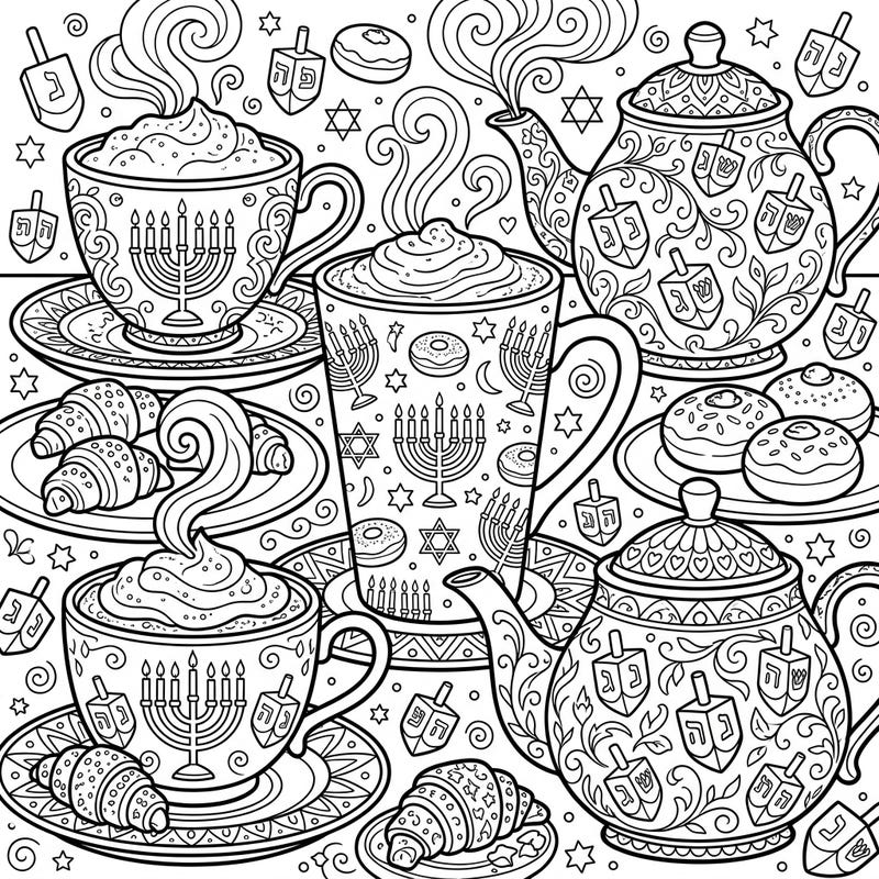 Get into the Hanukkah spirit with this delightful coloring page featuring an array of warm coffee and tea beverages, complete with festive decorations. Discover beautifully detailed cups, teapots, and treats adorned with traditional Hanukkah symbols.