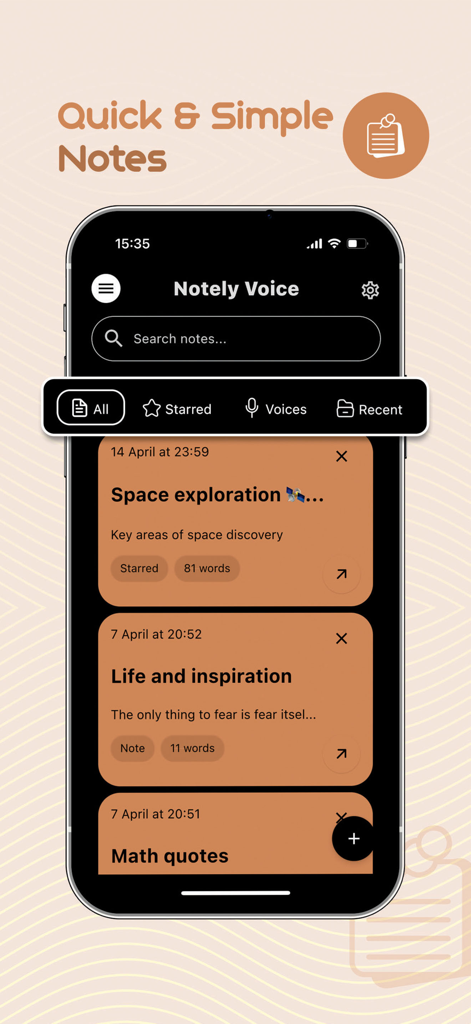Interface do aplicativo Notely Voice mostrando uma lista de anotações organizadas com filtros de busca e categoria.