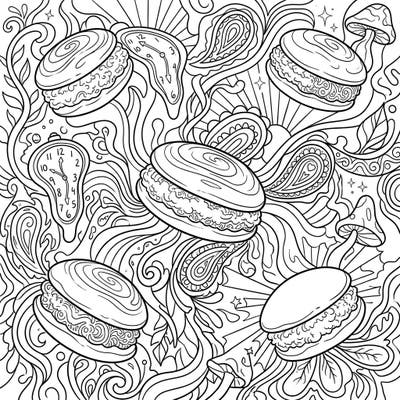 Step into a deliciously surreal dreamscape with this one-of-a-kind psychedelic whoopie pies coloring page. Immerse yourself in swirling patterns, melting clocks, and delightful desserts for a truly trippy artistic escape.