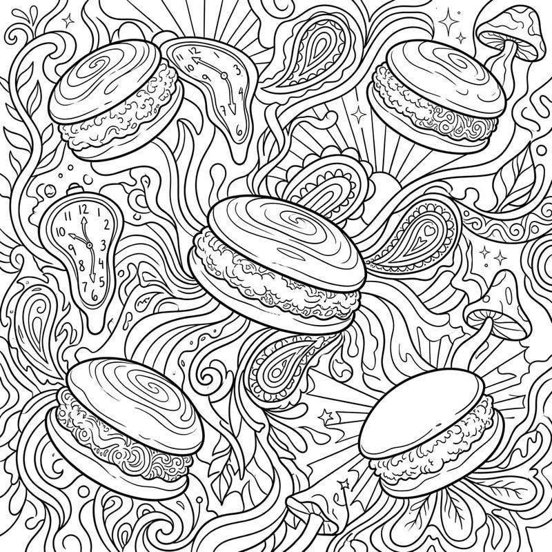 Step into a deliciously surreal dreamscape with this one-of-a-kind psychedelic whoopie pies coloring page. Immerse yourself in swirling patterns, melting clocks, and delightful desserts for a truly trippy artistic escape.