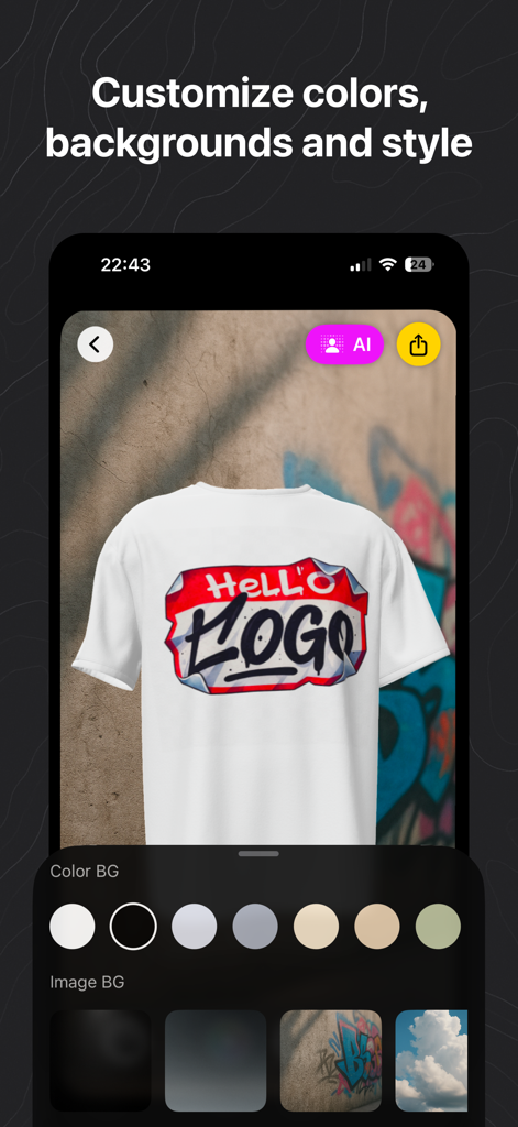 Mockup Clothing Design Tool - Mobile app interface showing t-shirt mockup with color and background customization options
