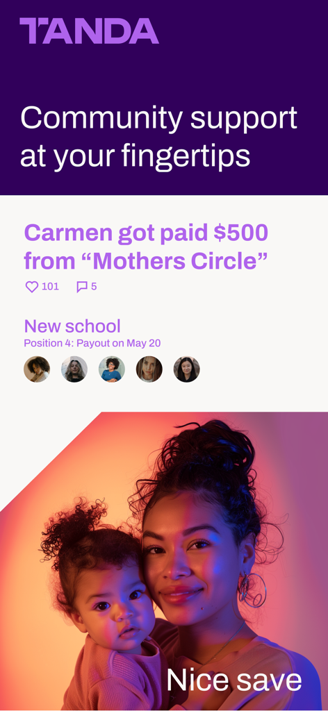 TANDA App - TANDA app screenshot showing a Mothers Circle payout notification and a mother with her child