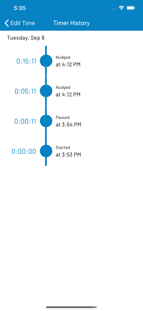 iTimekeep - iTimekeep app screen displaying a detailed timer history timeline for tracking legal billable hours.
