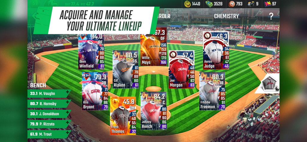 Strategy screen in Franchise Baseball Pro GM showing a lineup of legendary player cards arranged on a baseball field.