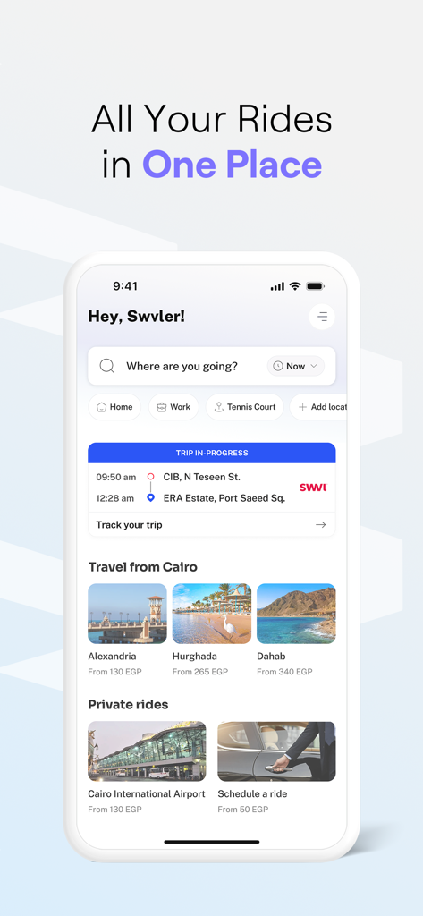 Swvl - Daily Rides - The Swvl app home screen interface showing ride booking options for daily commutes and travel trips in Cairo.