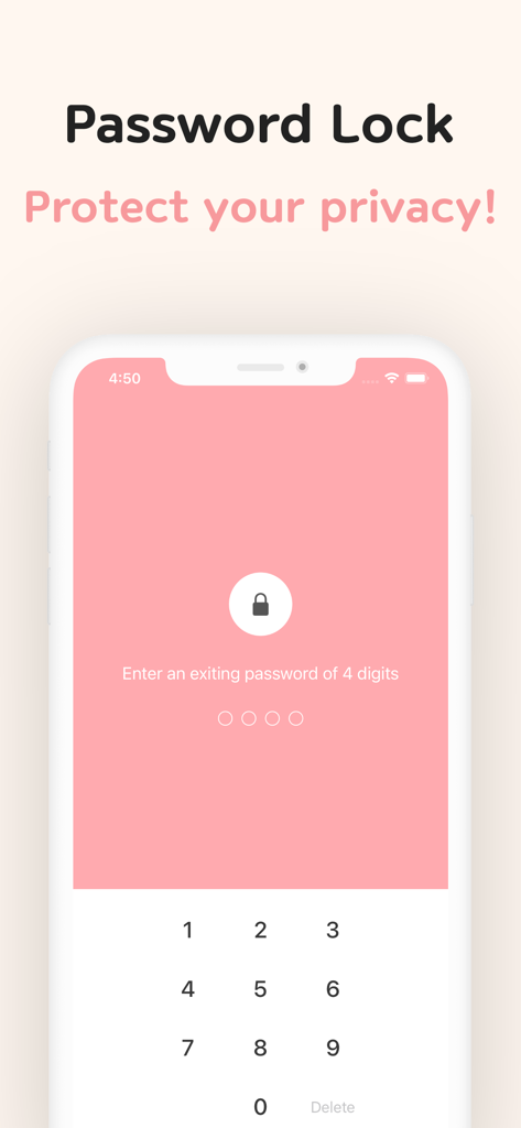 DailyLife - Diary, Journal - DailyLife app password lock screen showing numeric PIN entry on a pink background for privacy