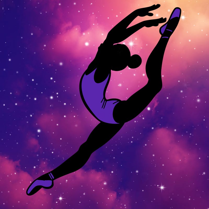 gymnast doing a leap in a leotard with a bent back leg