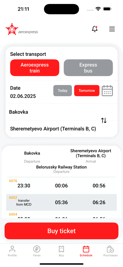 Interfaz del horario de trenes de la aplicación Aeroexpress que muestra rutas y horarios de salida al aeropuerto de Sheremetyevo