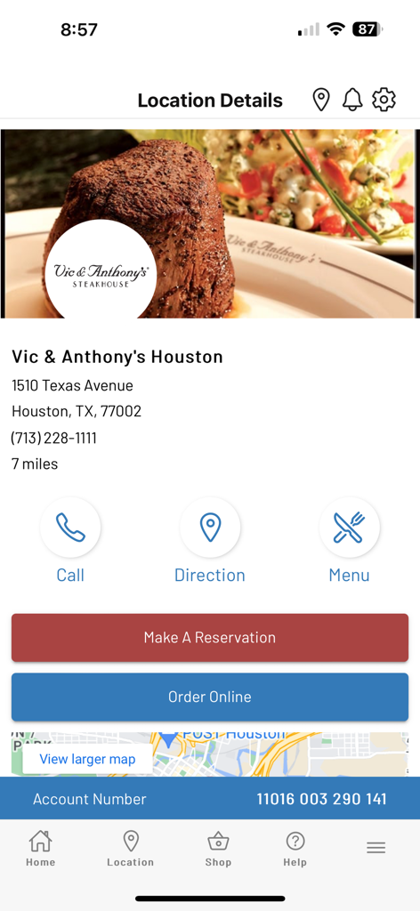 LSC - Pagina dei dettagli del ristorante Vic and Anthonys Houston sull'app LSC con pulsanti per effettuare una prenotazione o ordinare online