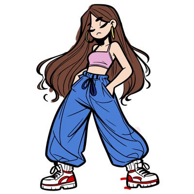 girl in baggy pants crop top and long hair