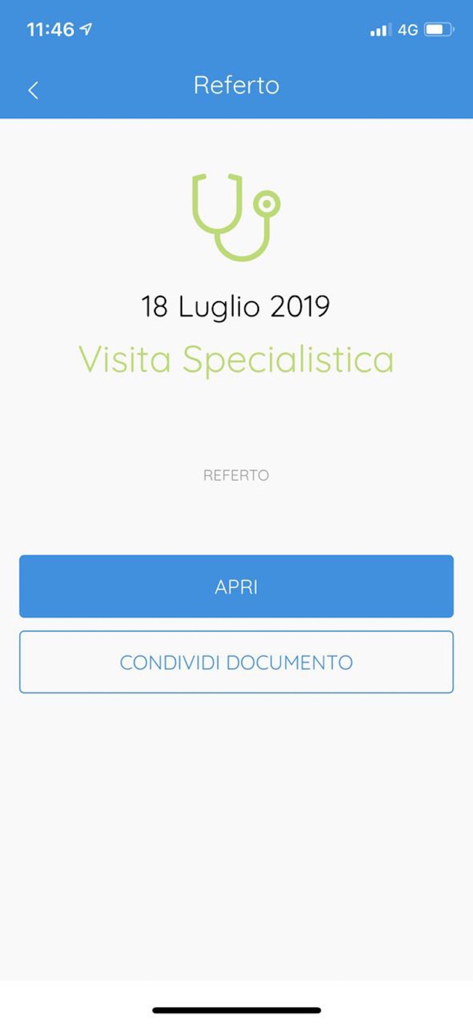 Affidea Connect Italy - Interfaccia dell'app Affidea Connect Italy che visualizza un referto medico per una visita specialistica con pulsanti per aprire o condividere il documento