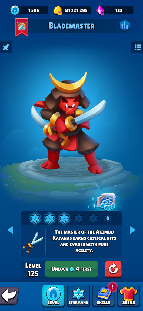 Heroes vs Hordes: Survival RPG - Character profile screen for the Blademaster hero in Heroes vs Hordes showing a red samurai character with dual katanas and upgrade menus