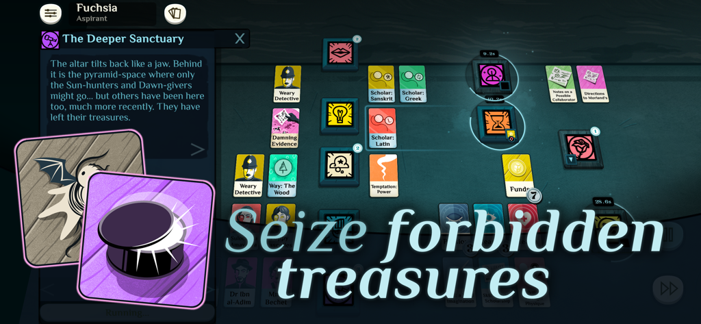 Ein Gameplay-Screenshot von Cultist Simulator, der erzählerischen Text und okkult thematisierte Karten zeigt.