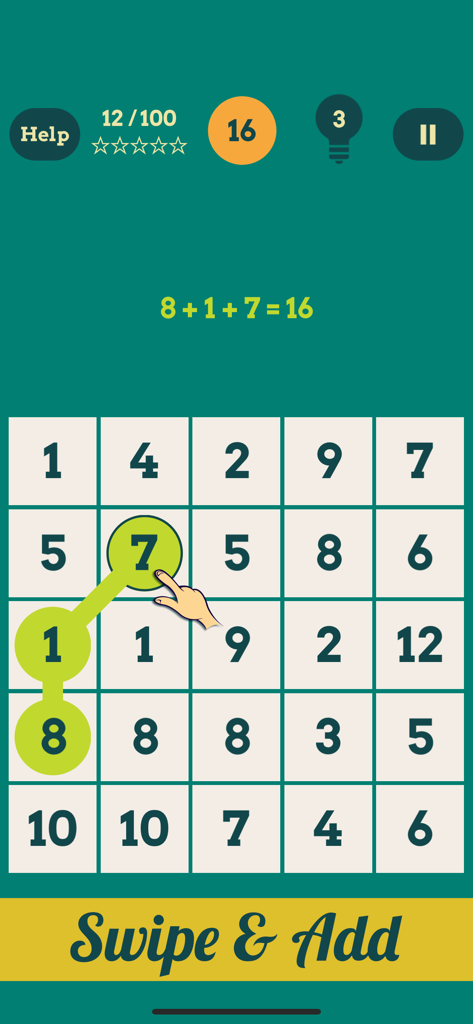 Brain Games : Words & Numbers - Interfaz de la aplicación Brain Games que muestra una cuadrícula de números donde un usuario desliza fichas para alcanzar una suma de dieciséis