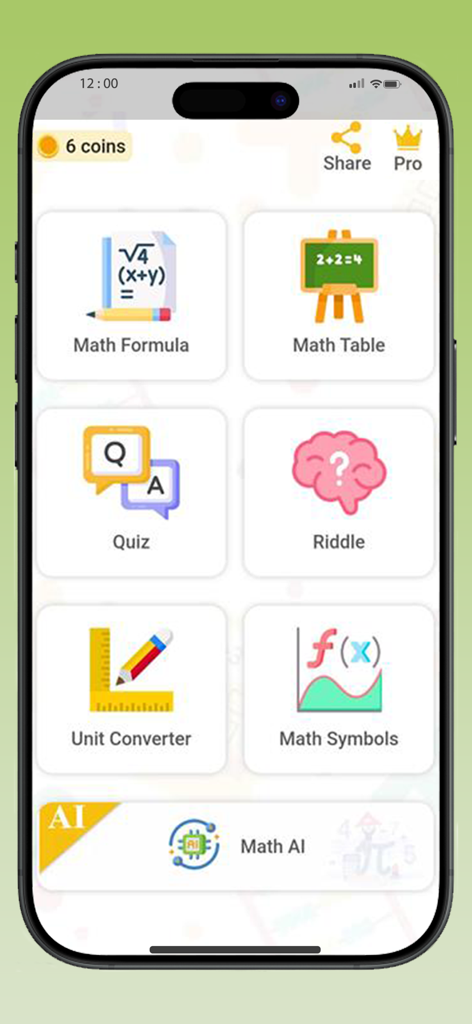 All Maths Formulas app - All Maths Formulas app dashboard showing categories for formulas tables quizzes and unit conversion