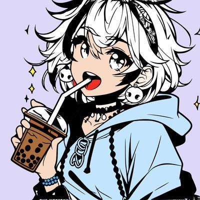 hot baddie anime girl drinking boba and biting the straw