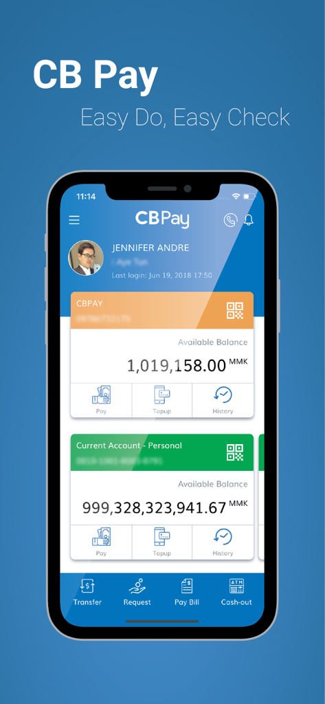 CB Pay - CB Pay mobile app interface showing account balances and financial transaction options