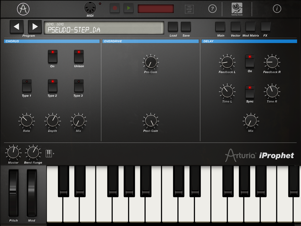 iProphet Synthesizer - Interface of the iProphet Synthesizer app showing chorus overdrive and delay effects settings with a digital keyboard