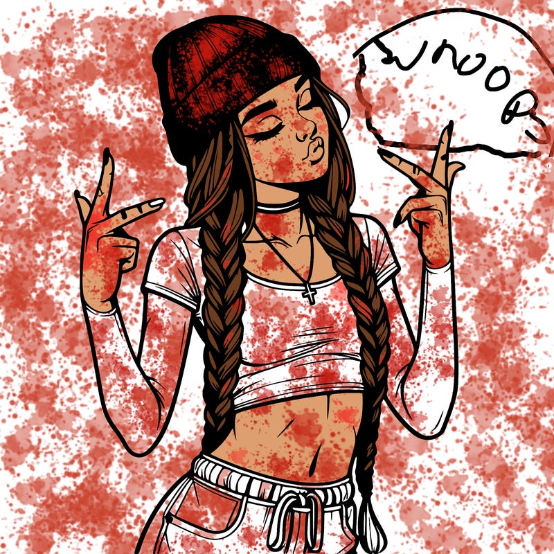 realistic teenage girl with braids and a beanie and crop top doing 🫶🏼