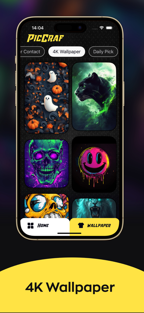 LiveArt- AI Wallpaper - PicCraft app interface displaying a gallery of vibrant 4K AI-generated wallpapers including animals and artistic skulls
