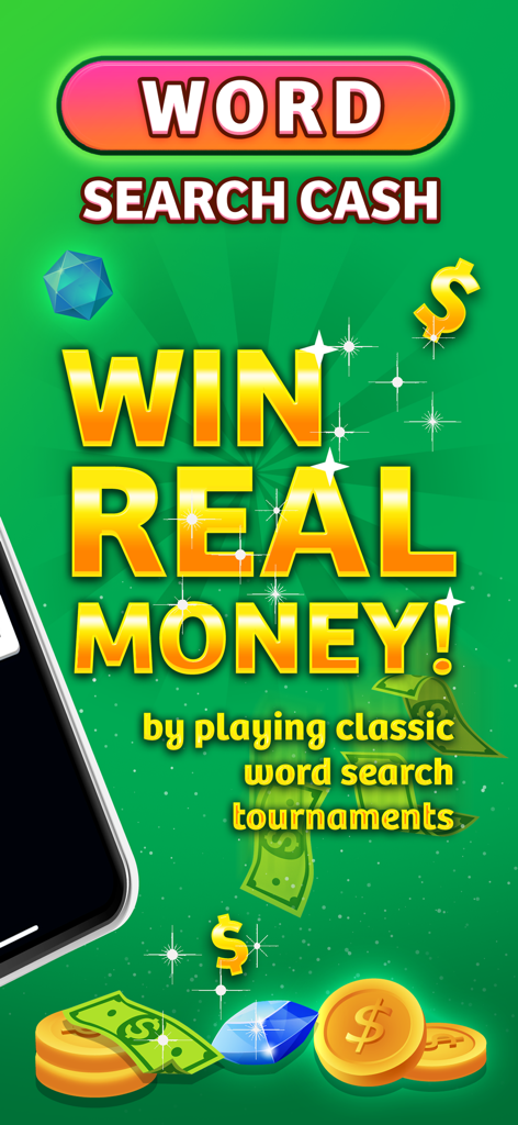 Captura de pantalla promocional de Word Search Cash mostrando cómo ganar dinero real jugando torneos de búsqueda de palabras.
