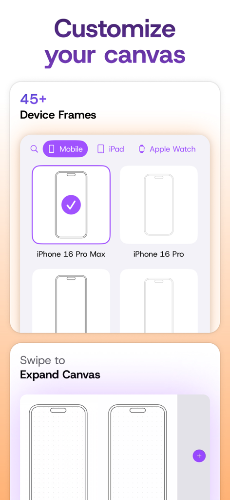 Interface showing a selection of over 45 device frames and an expandable design canvas for wireframing