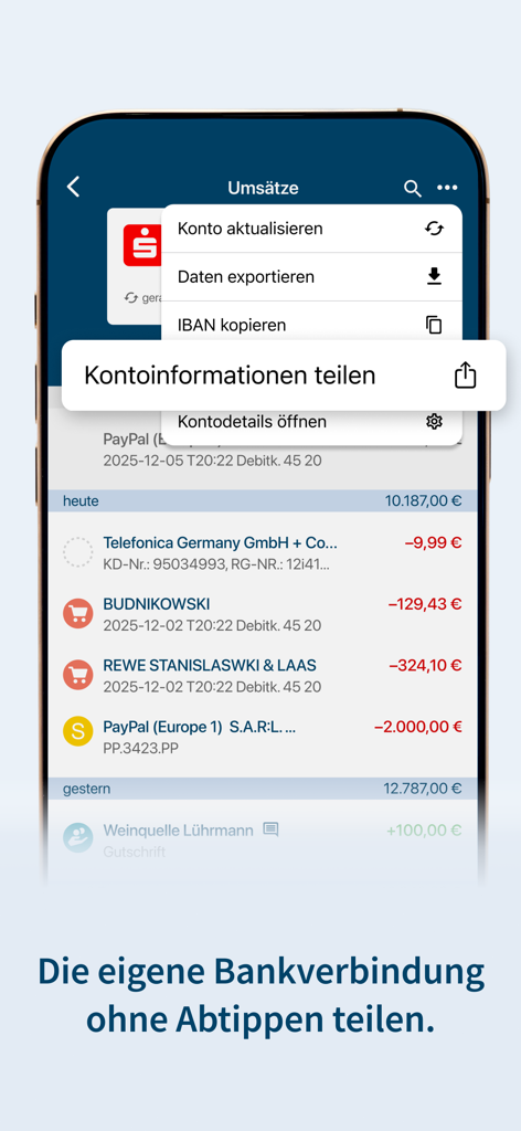 Screenshot der StarMoney-App, der eine Transaktionsliste und eine Menüoption zum Teilen von Bankkontodetails zeigt.