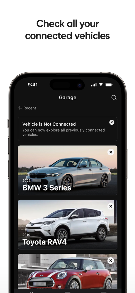 Screenshot of the OBDeleven app Garage screen displaying a list of connected cars including a BMW 3 Series and a Toyota RAV4.