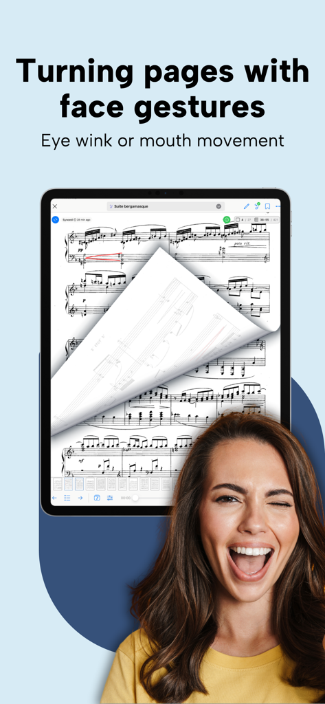 Newzik: Sheet Music Reader - A musician using a face gesture to turn digital sheet music pages hands free on an iPad