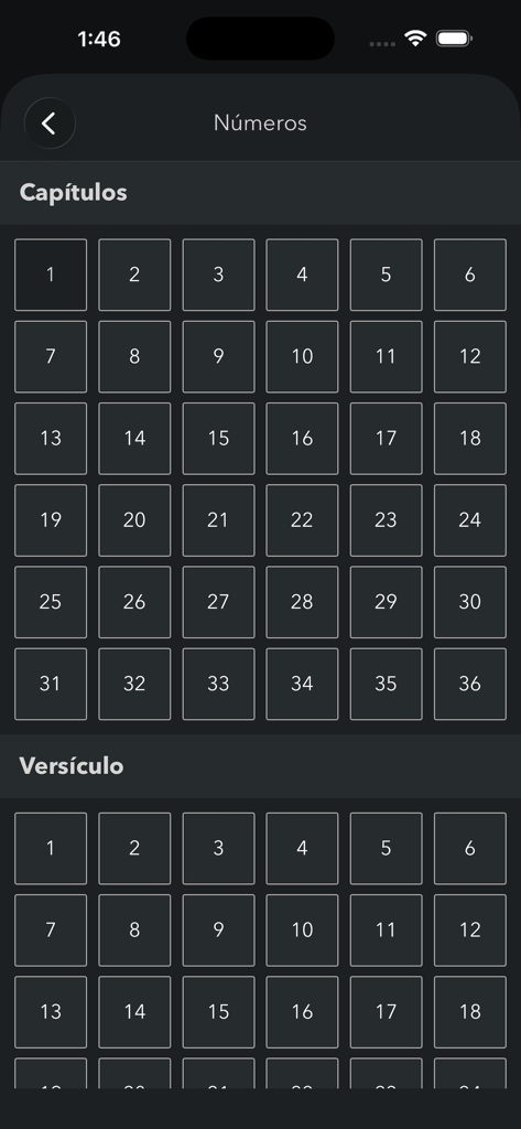 Bíblia Sagrada em Português - Interface de seleção de capítulos e versículos do livro de Números no aplicativo Bíblia Sagrada em Português.