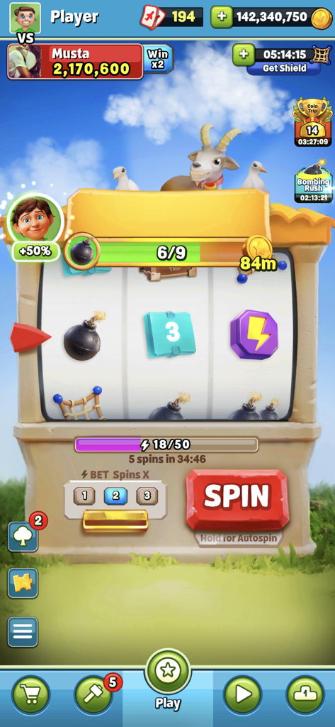 큰 빨간색 스핀 버튼과 캐주얼한 게임 플레이 요소가 있는 화려한 슬롯 머신을 특징으로 하는 코인 트립 모바일 게임