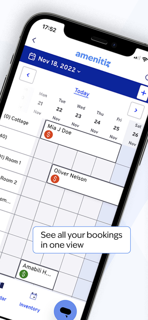 App mobile Amenitiz che mostra un calendario di prenotazioni centralizzato per la gestione della struttura.