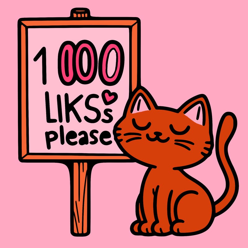 a cat next to a sign that says 100 likes please