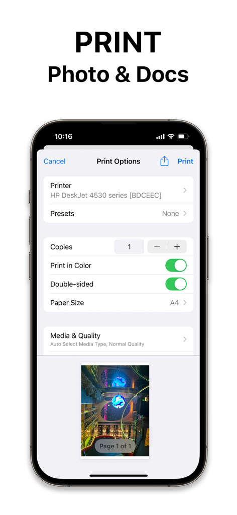 Smart Printer App ゜ - Menú de opciones de impresión en la App Impresora Inteligente mostrando ajustes de color y tamaño de papel en una pantalla de iPhone.