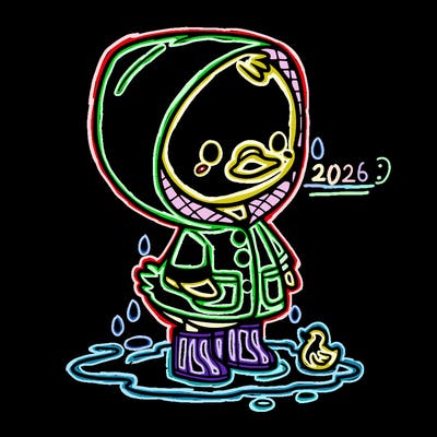 baby duck in a rain coat and boots, in a puddle while it’s raining