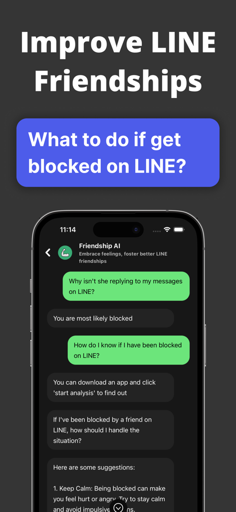 Friendships Pro app screen showing an AI chatbot providing advice on how to handle being blocked on the LINE messenger app