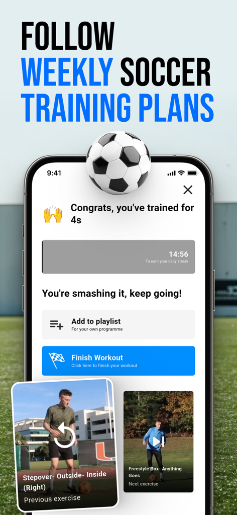 RicFit app interface showing weekly soccer training plans and video guided drills