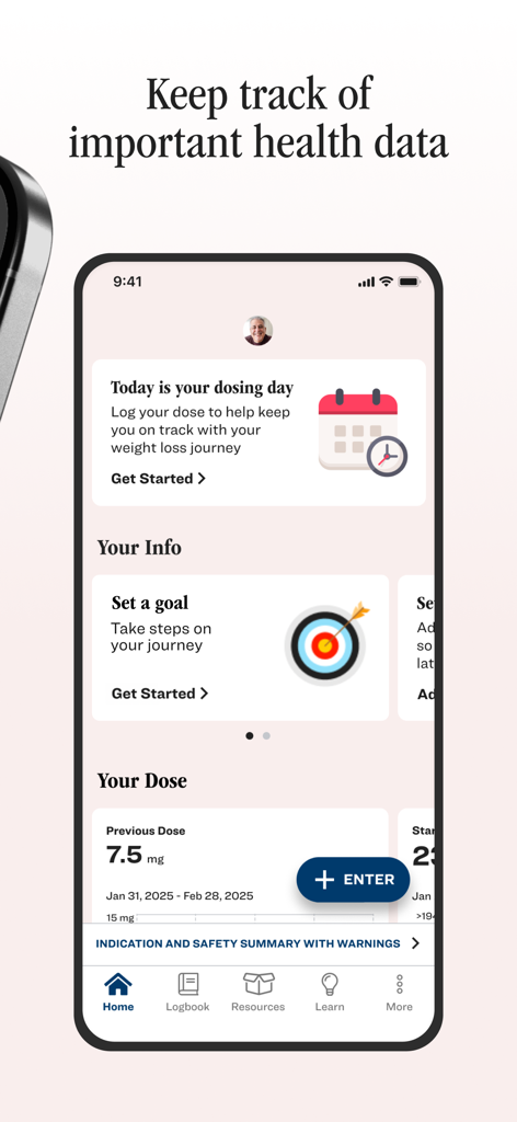 Lilly Health™ - Écran d'accueil de l'application Lilly Health avec des rappels de dosage et des fonctionnalités de suivi des médicaments