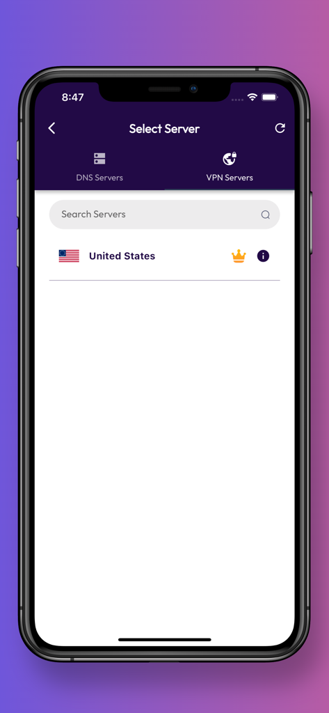 Magic VPN: Fast DNS Changer - Interfaz de Magic VPN mostrando la lista de selección de servidores VPN con ubicación en Estados Unidos