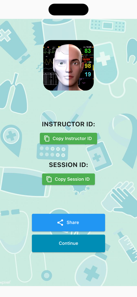 Simman - Simman medizinische Simulations-App-Oberfläche, die Optionen für Instruktor und Sitzungs-ID mit medizinischem Icons-Hintergrund anzeigt