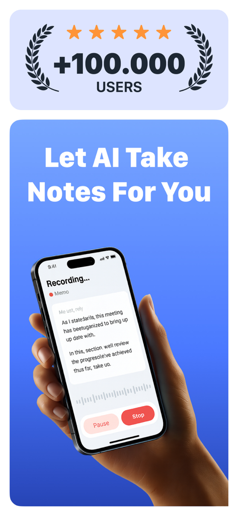 Una mano che tiene uno smartphone che mostra l'app AI Note Taker mentre registra e trascrive una riunione in tempo reale.