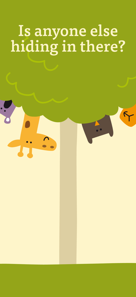 Shake the Tree! - Un árbol con una jirafa y un búho escondidos entre sus ramas bajo el texto ¿Se esconde alguien más ahí dentro?
