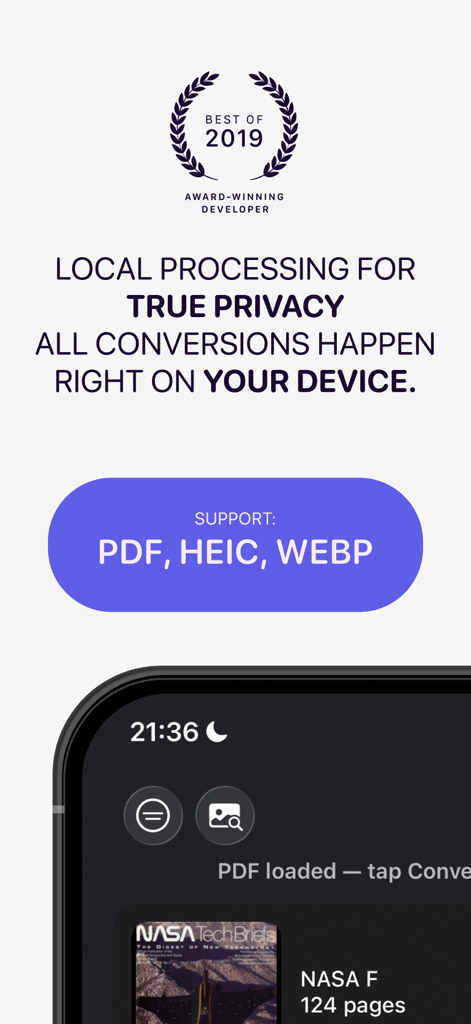JPG Converter: HEIC, PDF, RAW - Screenshot of JPG Converter app highlighting local offline processing for privacy and support for PDF HEIC and WEBP formats.