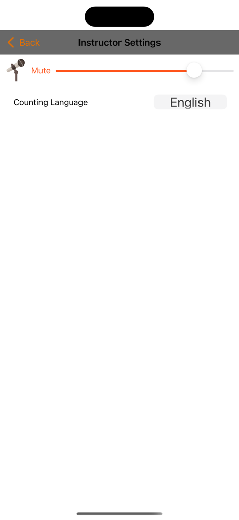 Salsa Rhythm - Instructor Settings screen in the Salsa Rhythm app with volume slider and counting language selection