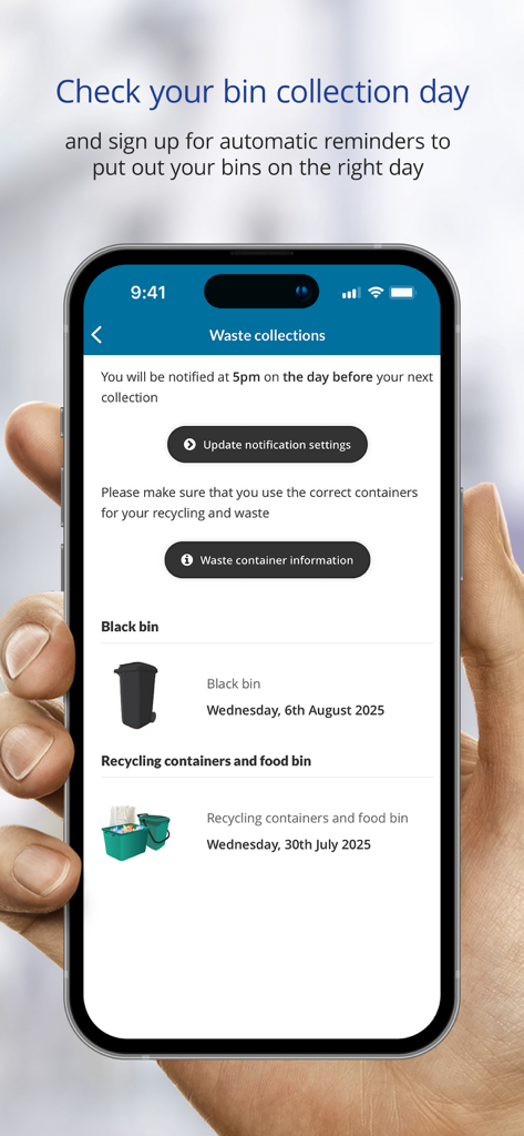 Abfallkalender- und Erinnerungseinstellungen für Behälter in der mobilen App des South Gloucestershire Council