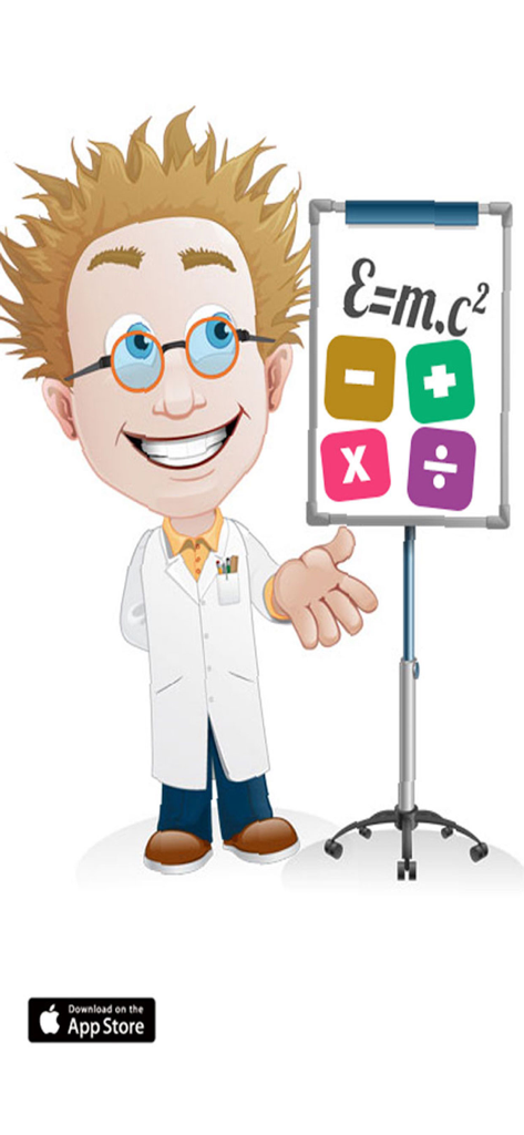 Maths Genius ! - Cartoon scientist mascot standing next to a whiteboard with math symbols and Einstein formula